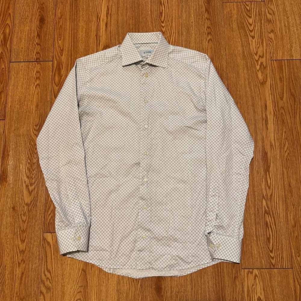 Eton Men's Button Up Shirt Preppy Dotted Collared White Size Medium